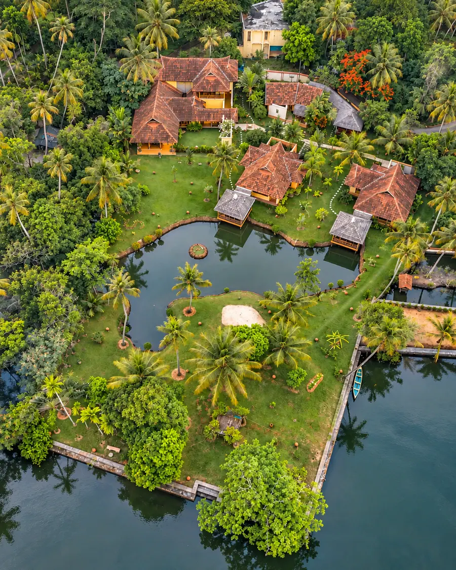 Ameya from above: tiled cottages and pavilions in a palm garden, wrapped by the lake