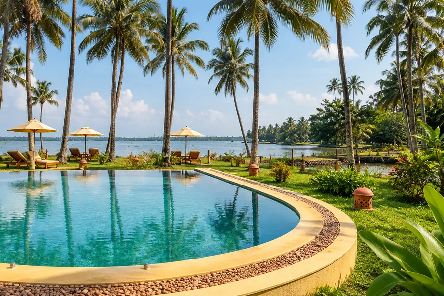 The salt water pool among coconut palms at the edge of the lake