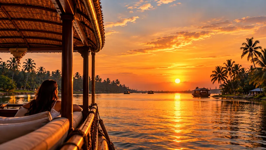 A guest reclining on a houseboat deck as the sun sets over the lake