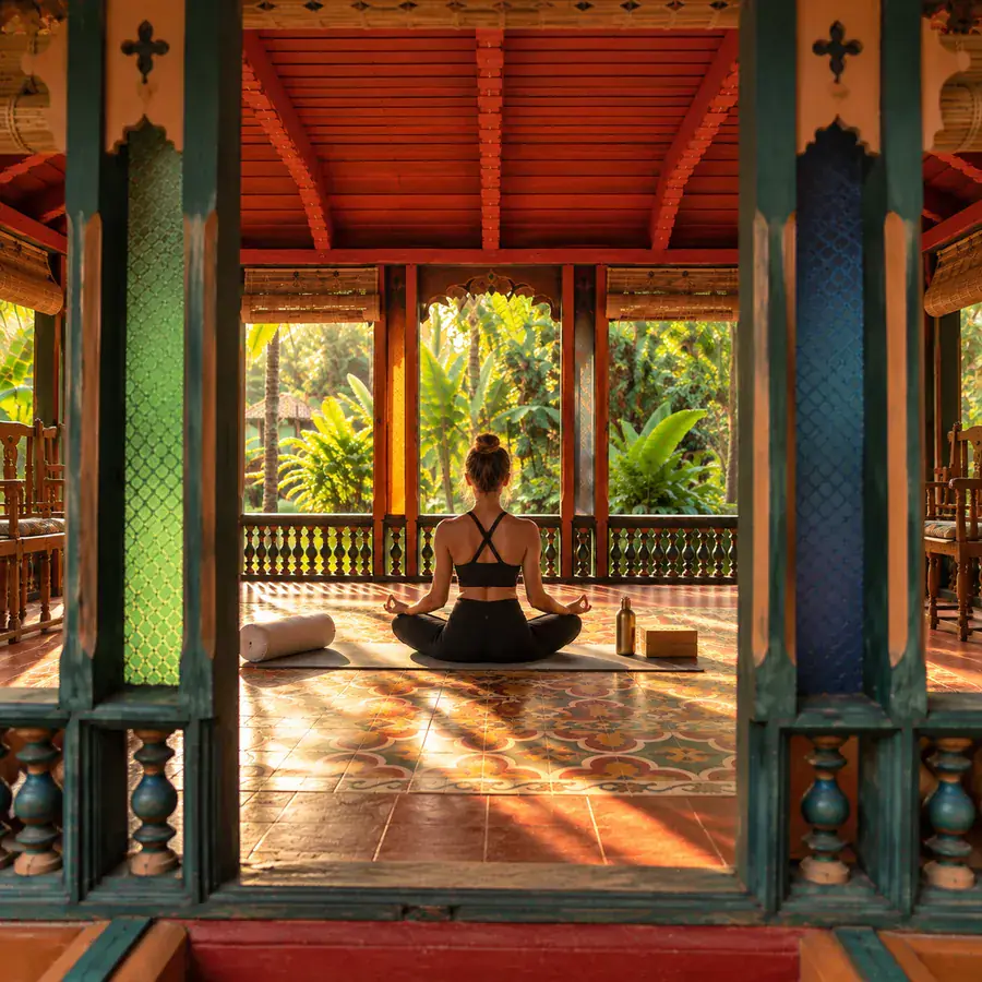 A guest meditating in a carved timber pavilion open to the garden