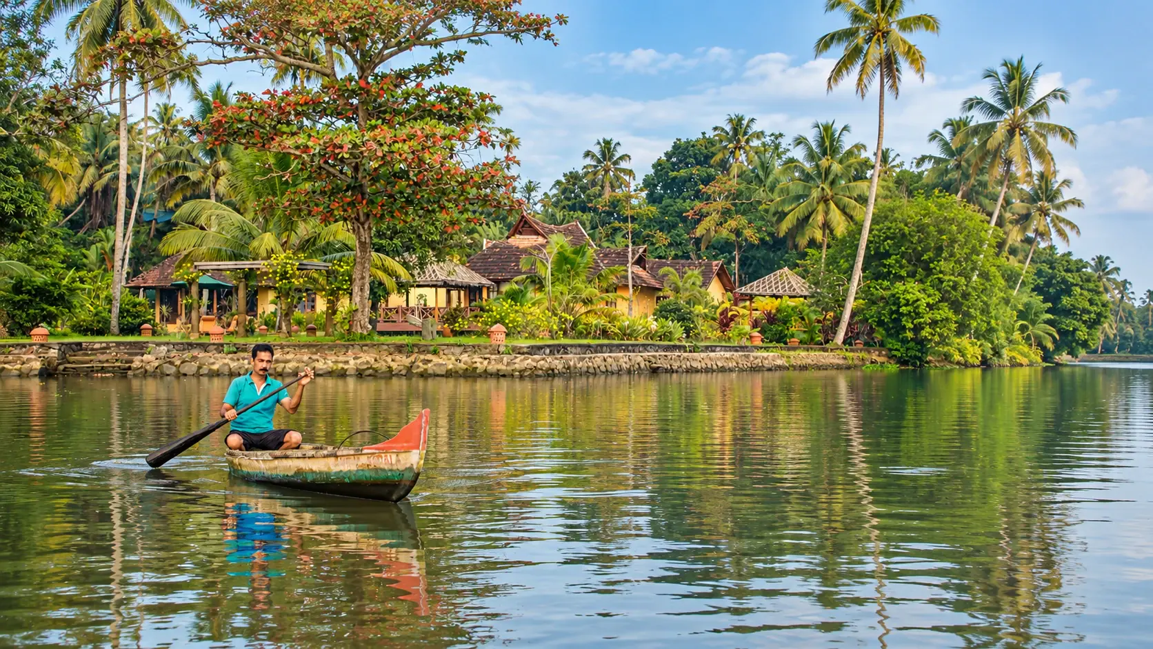 A boatman paddling a country boat past Ameya on the backwaters