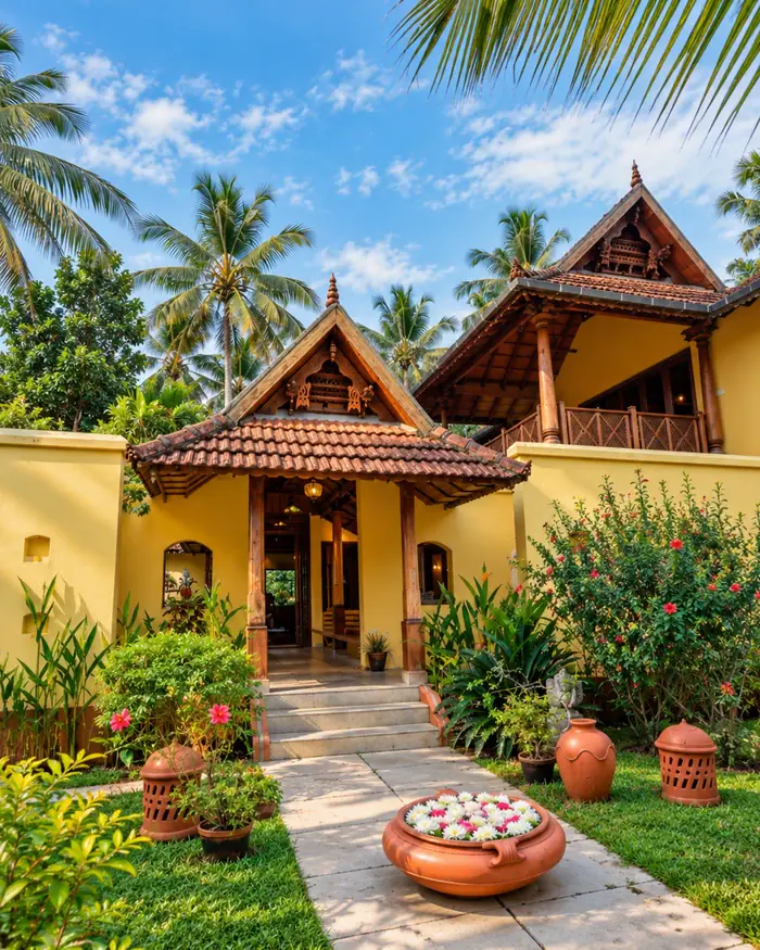 Chandra's yellow walls and carved gables, up the garden path past a flower-filled urli