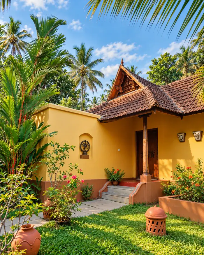 Shanti's verandah steps and carved gable, framed by palms and potted flowers