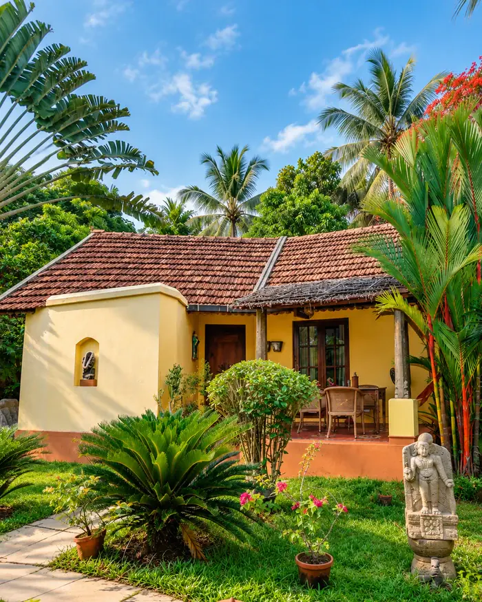 Udhyana, a tiled cottage among palms and cycads in the garden